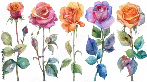 Watercolor rose clipart in various colors and angles