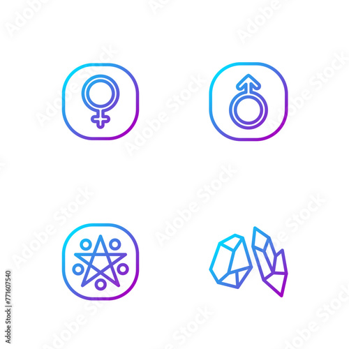 Set line Magic stone, Pentagram in circle, Venus and Mars. Gradient color icons. Vector