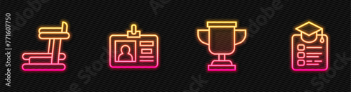 Set line Award cup, Treadmill machine, Identification badge and Online education. Glowing neon icon. Vector