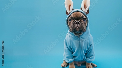 Cool cute french dog pet wearing a jogging suit with rabbit bunny ears, on blue background photo