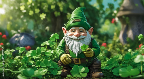 Gnome tending to a garden of oversized shamrocks, creating a festive and green landscape. Cute Gnome Radiates Charisma and Irish Spirit. Patrick's Day concept