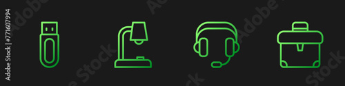 Set line Headphones, USB flash drive, Table lamp and Briefcase. Gradient color icons. Vector
