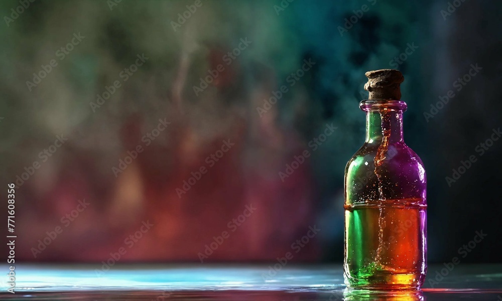 bottle of beer on a wooden table. Background light effect casuistry from colored glass bottle of beer on a wooden table. Background light effect casuistry from colored glass