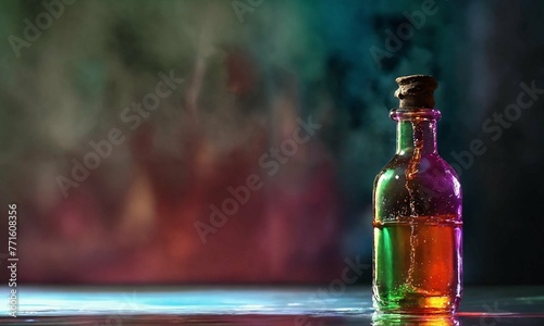 bottle of beer on a wooden table. Background light effect casuistry from colored glass photo