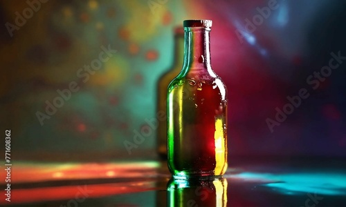 bottle of wine on a table. Background light effect casuistry from colored glass photo