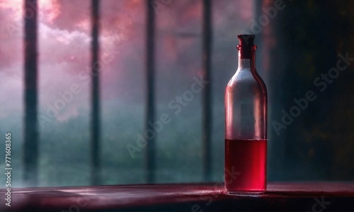 wine bottle and glass. Background light effect casuistry from colored glass photo