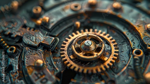 A close up of a clock with a large gear. The gear is rusted and has a vintage look to it. Concept of nostalgia and the passage of time