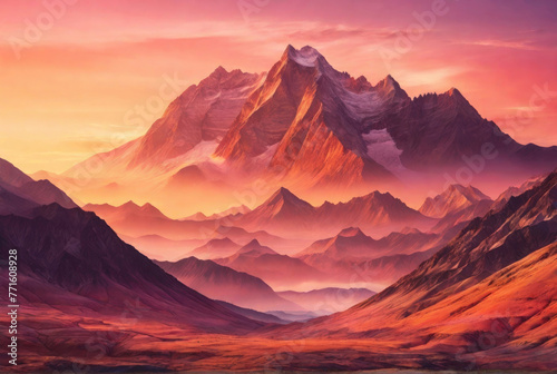 A  breathtaking mountain landscape with a pink sunset © silent312