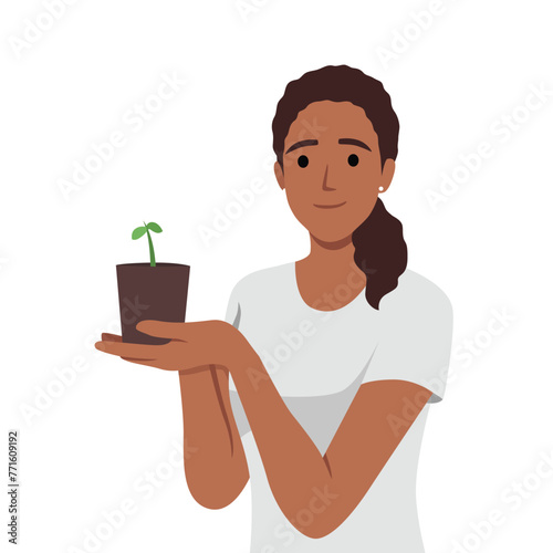 Woman holds handful of earth with plant drawing attention to problem of ecology and pollution or CO2 emissions. Flat vector illustration isolated on white background
