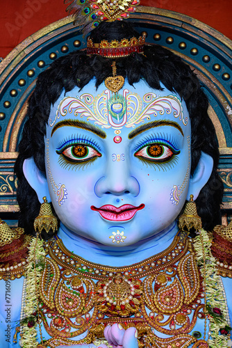 Idol of Goddess Laddu Gopal or little Lord Krishna at a decorated puja pandal in Kolkata, West Bengal, India. © Sudip Biswas