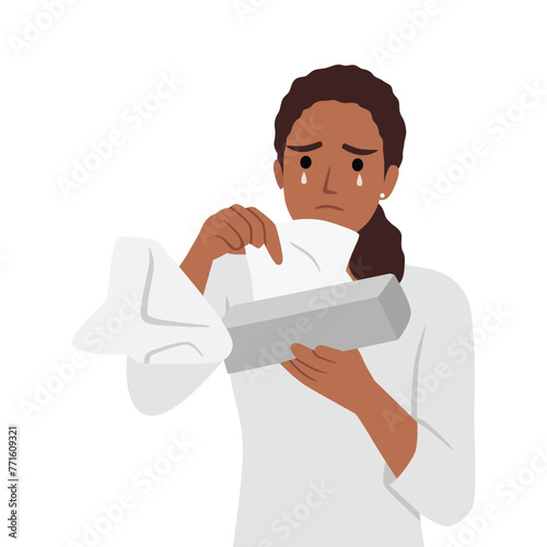 Watery eyed black woman holding facial tissue box. Crying woman broken heart. Flat vector illustration isolated on white background