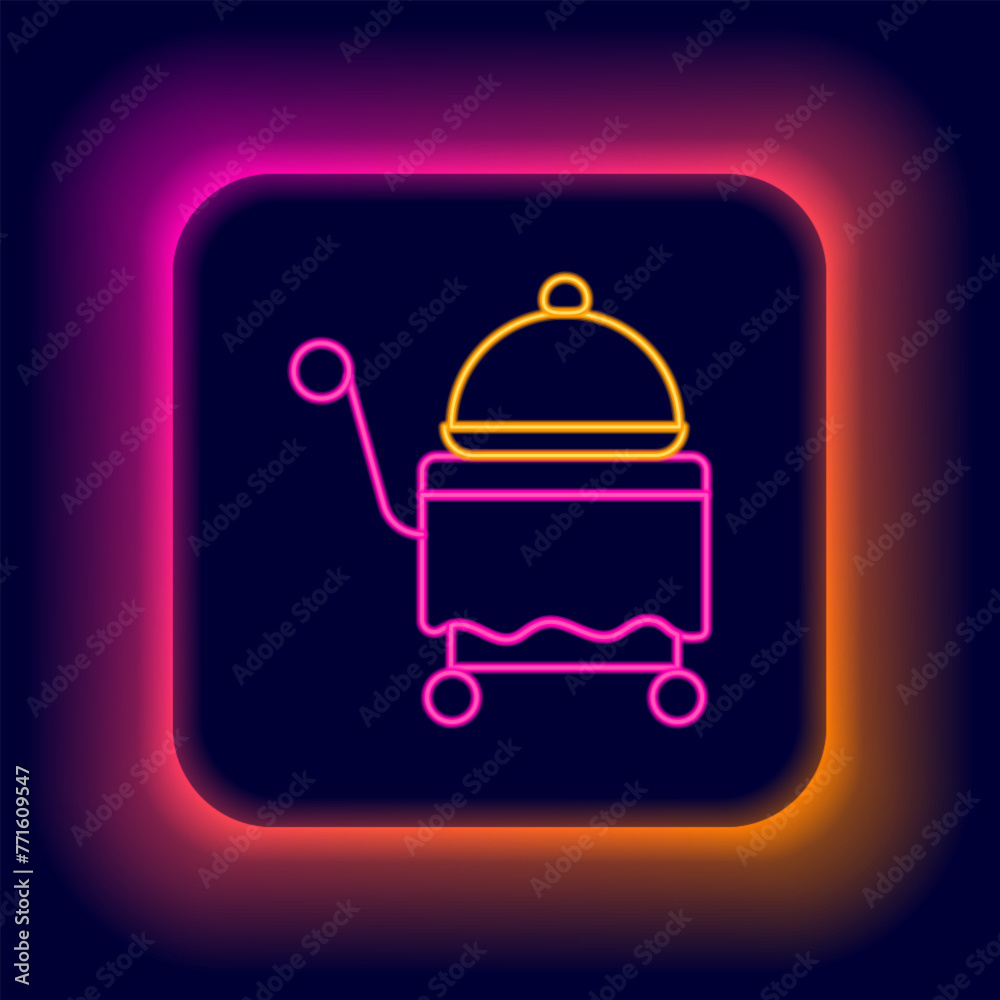 Glowing neon line Covered with a tray of food icon isolated on black background. Tray and lid sign. Restaurant cloche with lid. Colorful outline concept. Vector