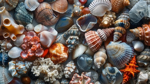 A collection of shells and coral with a variety of colors and shapes. Concept of abundance and diversity in the natural world
