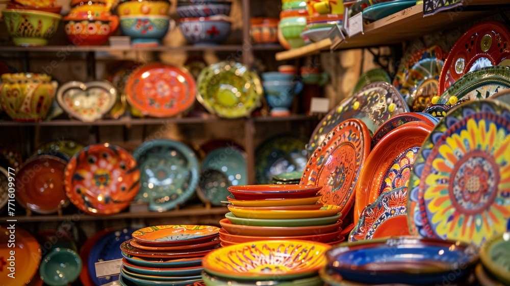 A Colorful display of hand-painted ceramic plates and bowls in a cozy artisan shop.
