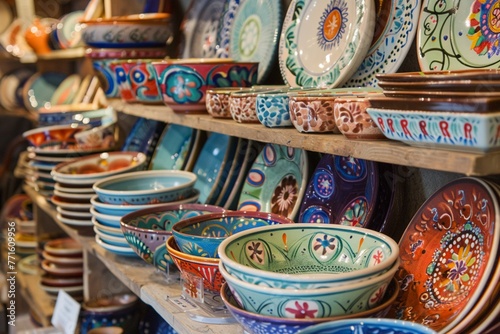 A Colorful display of hand-painted ceramic plates and bowls in a cozy artisan shop. © Creative_Bringer