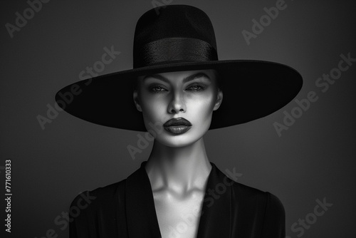 A monochrome image of a fashion model in sophisticated black attire with a wide-brimmed hat