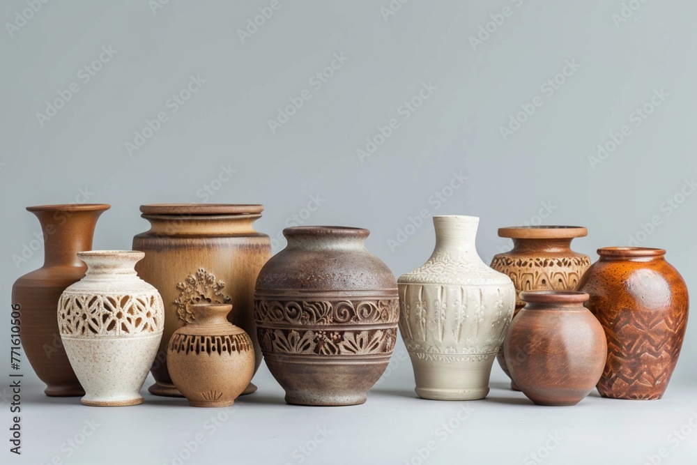 A Row of assorted ceramic pots with intricate carvings on a simple gray background. - obrazy, fototapety, plakaty 