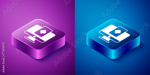 Isometric Online poker table game icon isolated on blue and purple background. Online casino. Square button. Vector
