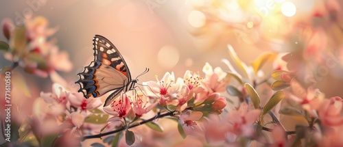 A serene butterfly perches on delicate spring blossoms