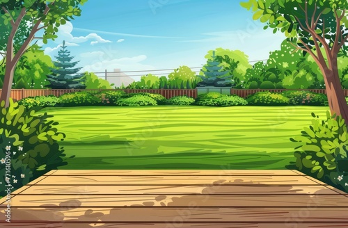 Sunlit Wooden Deck Overlooking Vibrant Park Lawn and City Skyline
