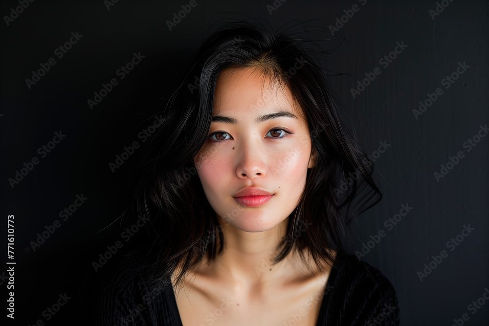 Serene Young Asian Woman Studio Portrait. Elegant portrait of a serene young Asian woman with a natural look, against a dark background. Serene Young Asian Woman Studio Portrait. Elegant portrait of a serene young Asian woman with a natural look, against a dark background.