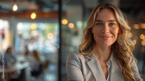 Smiling confident business leader looking at camera and standing in an office at team meeting Portrait of confident businesswoman with colleagues in boardroom Using digital tablet during a meeting
