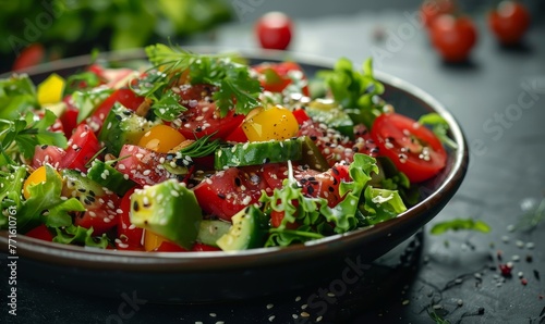 A vegan dish with raw and organic salad on a dark background Healthy Food, Generative AI