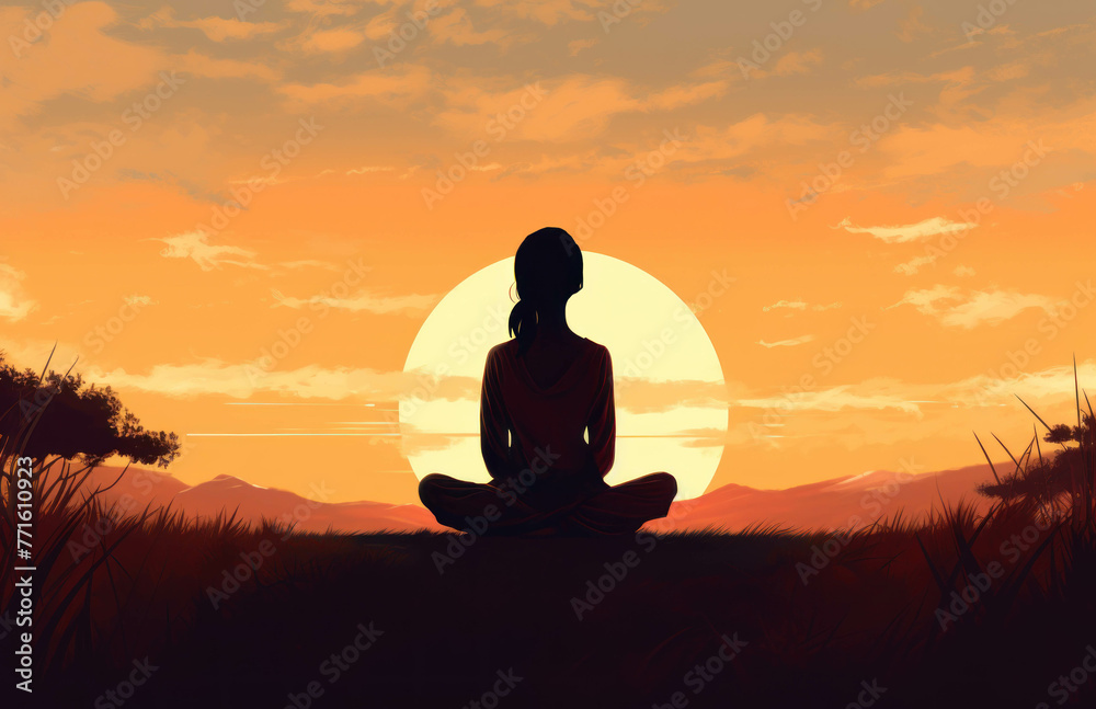 Illustration of Healthy meditation woman practicing relaxation yoga on sunset background,  breathing exercises, healthy lifestyle, mindfulness concept