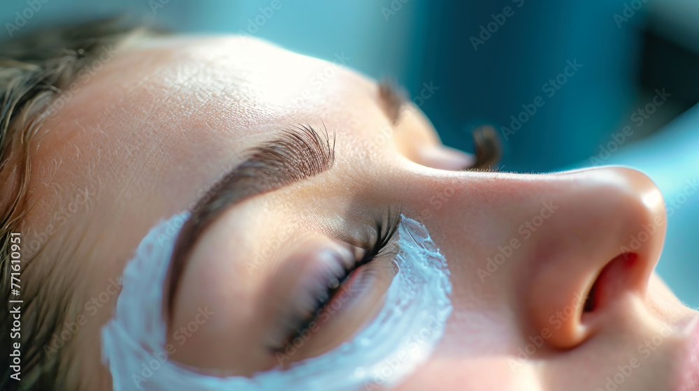 Naklejka premium A close-up of a woman getting her eyebrows shaped and groomed by a beautician in a beauty salon