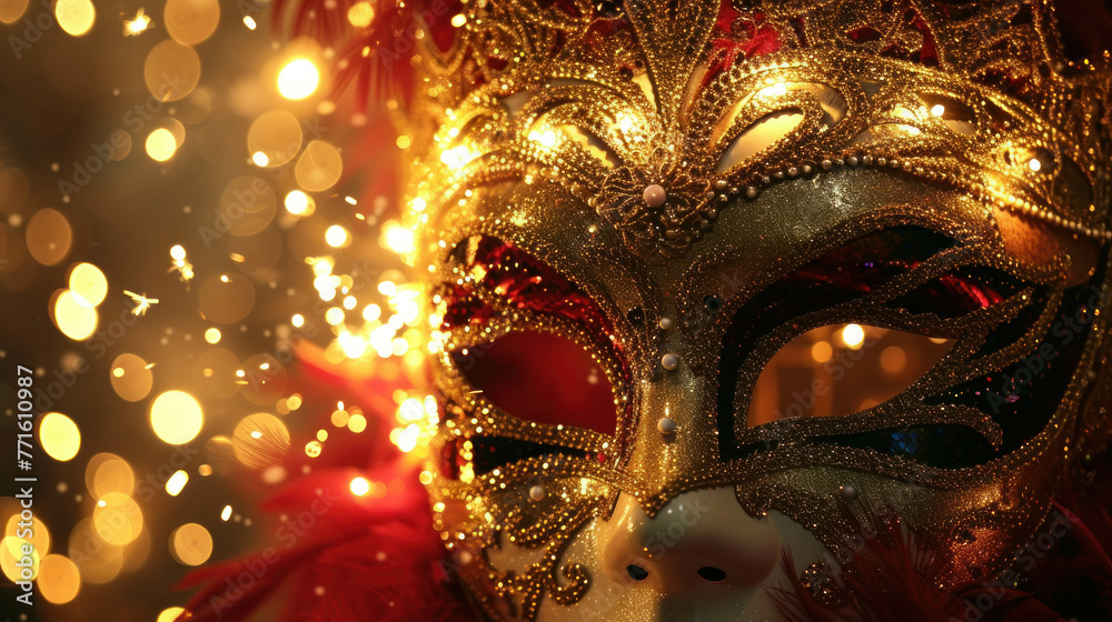Luxury golden Venice carnival mask with red feathers for the traditional festival in Venice Italy