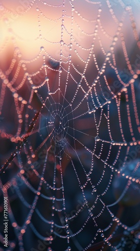 Close-up of dew on a spider web in the morning light