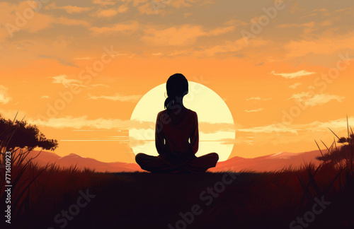 Illustration of Healthy meditation woman practicing relaxation yoga on sunset background   breathing exercises  healthy lifestyle  mindfulness concept