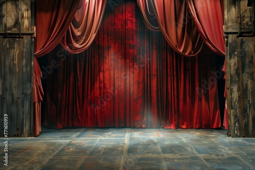 Stage with heavy curtain. Ambiance of a theater setting, showcasing the grandeur of the wooden stage with a prominent heavy curtain as a focal point.