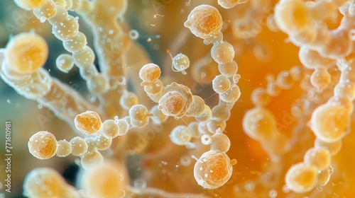 A close up of a bunch of yellow and orange bacteria. The bacteria are small and round, and they are clustered together. The image has a somewhat eerie and unsettling mood