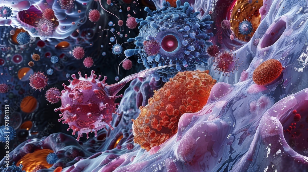 Naklejka premium A colorful image of a cell with a virus inside. The cell is surrounded by other cells and the virus is in the middle