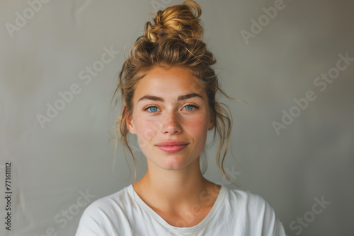 Natural Beauty with a Playful Twist. A radiant woman with blue eyes and a messy bun radiates natural beauty and a carefree spirit, her freckled cheeks adding charm against a soft grey backdrop. photo