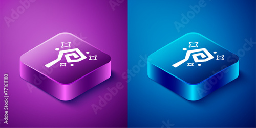 Isometric Magic staff icon isolated on blue and purple background. Magic wand, scepter, stick, rod. Square button. Vector