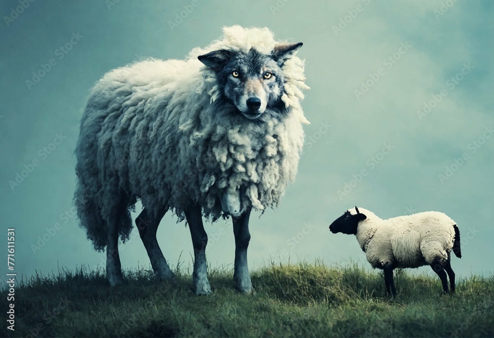 Obraz premium sheep and lamb. Wolf pretending to be a sheep concept