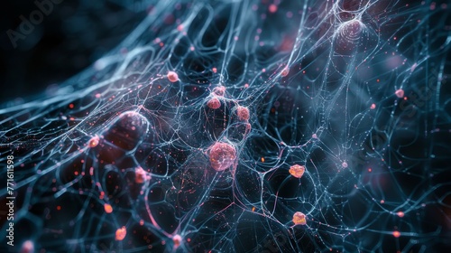 A close up of a web of neurons with red and blue dots. Concept of complexity and interconnectedness  as the neurons are shown in intricate detail