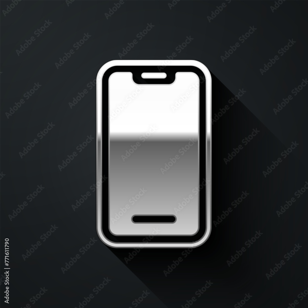 Silver Smartphone, mobile phone icon isolated on black background. Long shadow style. Vector Silver Smartphone, mobile phone icon isolated on black background. Long shadow style. Vector