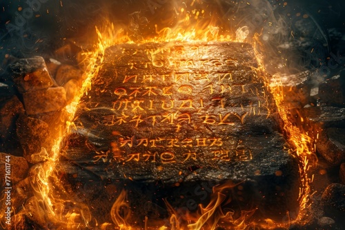 The Ten Commandments written on stone tablets written by the finger of God with fire effect, Generative AI photo