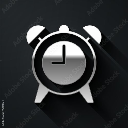 Silver Alarm clock icon isolated on black background. Wake up, get up concept. Time sign. Long shadow style. Vector