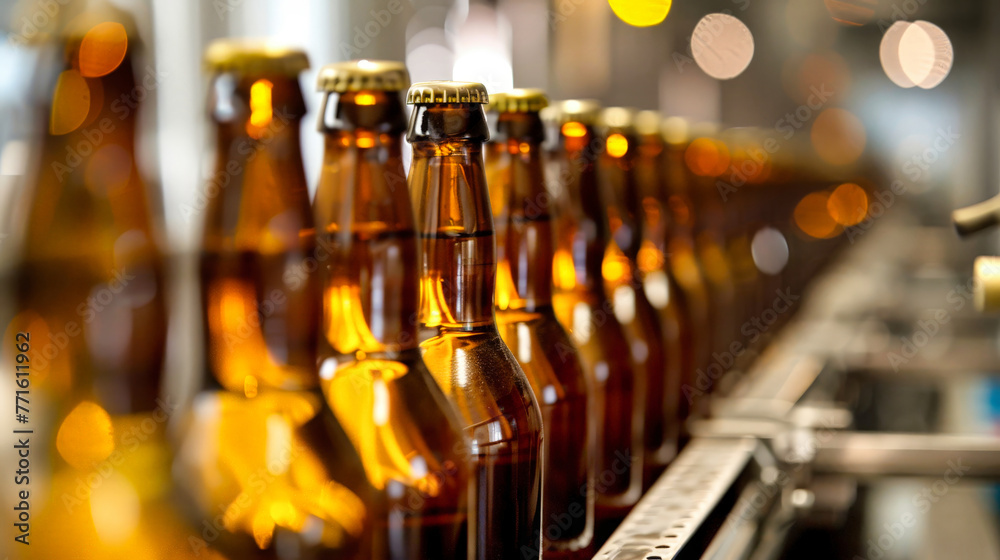 Row of Beer Bottles on Conveyor Belt - obrazy, fototapety, plakaty 