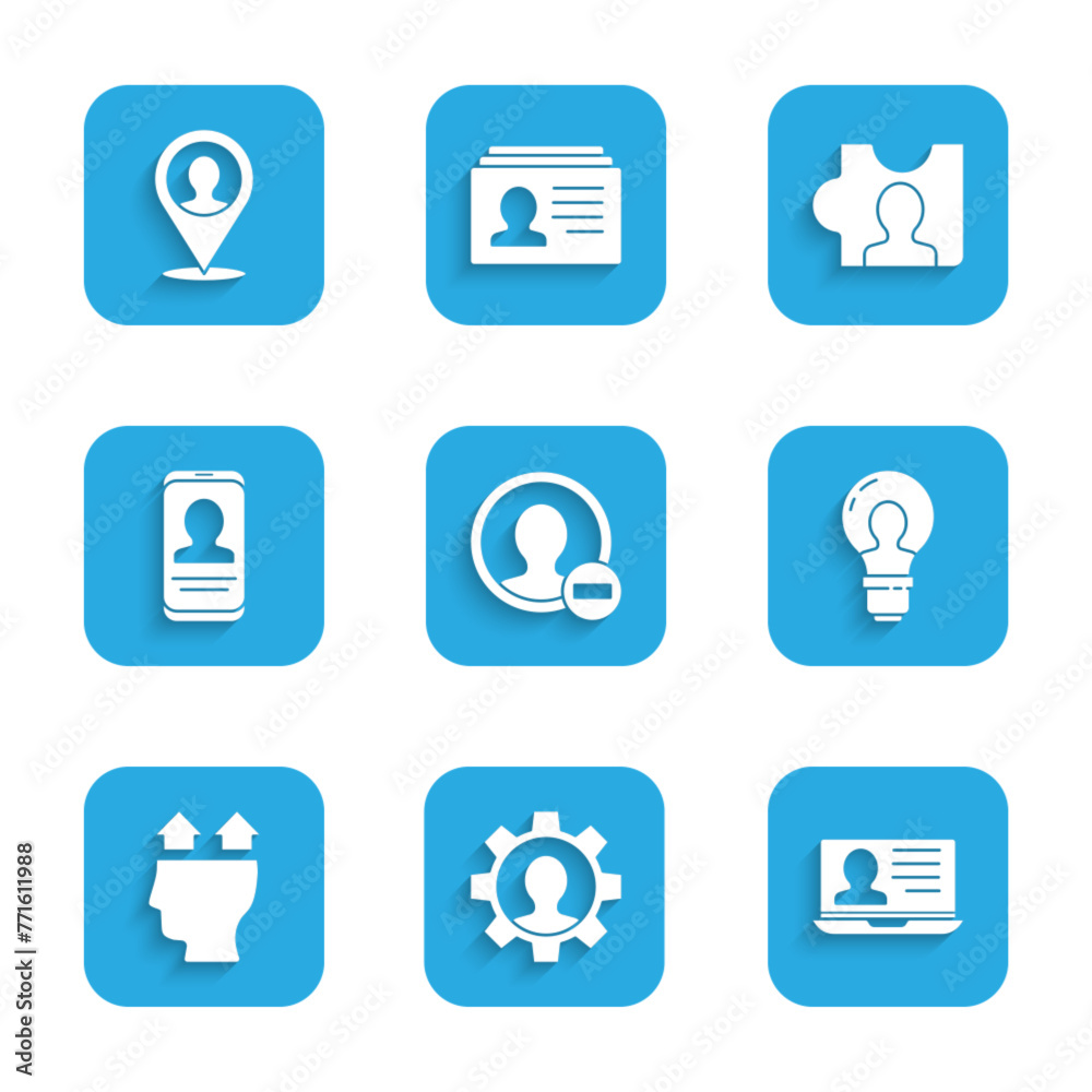 Set Create account screen, Human with gear, Laptop resume, Head lamp bulb, User of, Mobile, hunting and Location person icon. Vector Set Create account screen, Human with gear, Laptop resume, Head lamp bulb, User of, Mobile, hunting and Location person icon. Vector