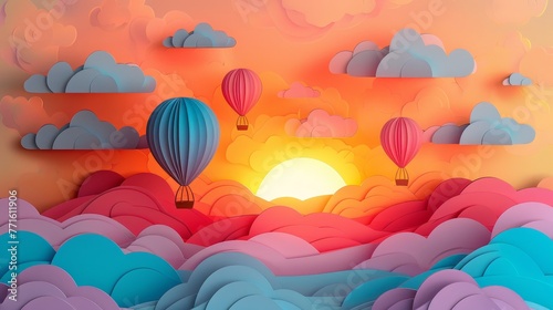 A colorful paper drawing of three hot air balloons floating in the sky above a sunset. The sky is filled with clouds and the sun is setting, creating a warm and peaceful atmosphere