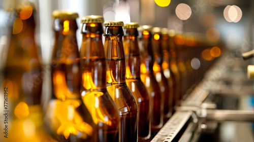 Row of Beer Bottles on Conveyor Belt photo