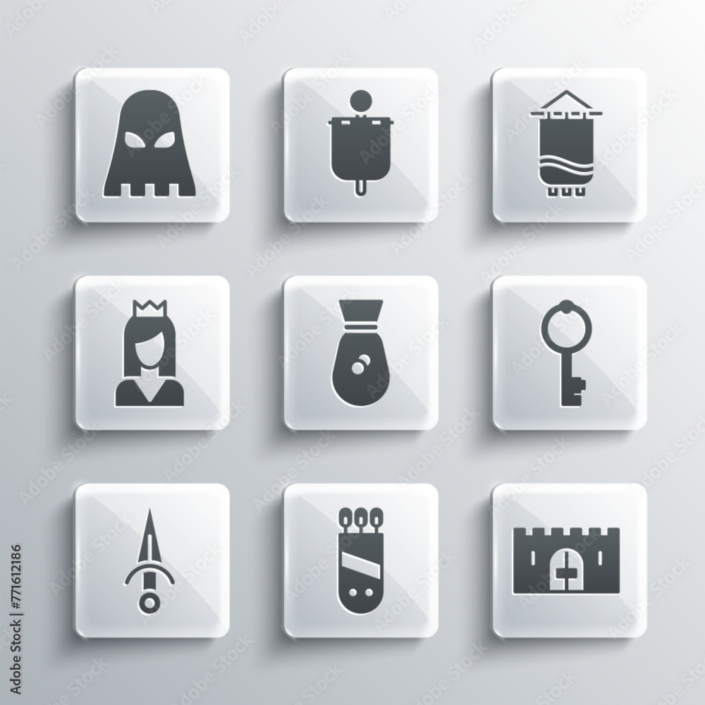 Set Quiver with arrows, Medieval castle gate, Old key, money bag, Dagger, Princess, Executioner mask and flag icon. Vector Set Quiver with arrows, Medieval castle gate, Old key, money bag, Dagger, Princess, Executioner mask and flag icon. Vector