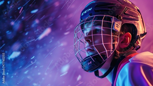 Close-up portrait of a hockey player in a helmet on an ultraviolet background. photo
