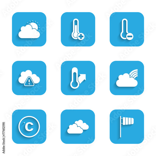Set Meteorology thermometer, Cloud, Cone windsock wind vane, Rainbow with clouds, Celsius, Storm warning, and Sun and weather icon. Vector