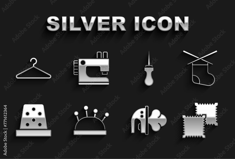 Set Needle bed and needles, Knitting, Textile fabric roll, Electric iron, Thimble for sewing, Awl tool, Hanger wardrobe and Sewing machine icon. Vector Set Needle bed and needles, Knitting, Textile fabric roll, Electric iron, Thimble for sewing, Awl tool, Hanger wardrobe and Sewing machine icon. Vector